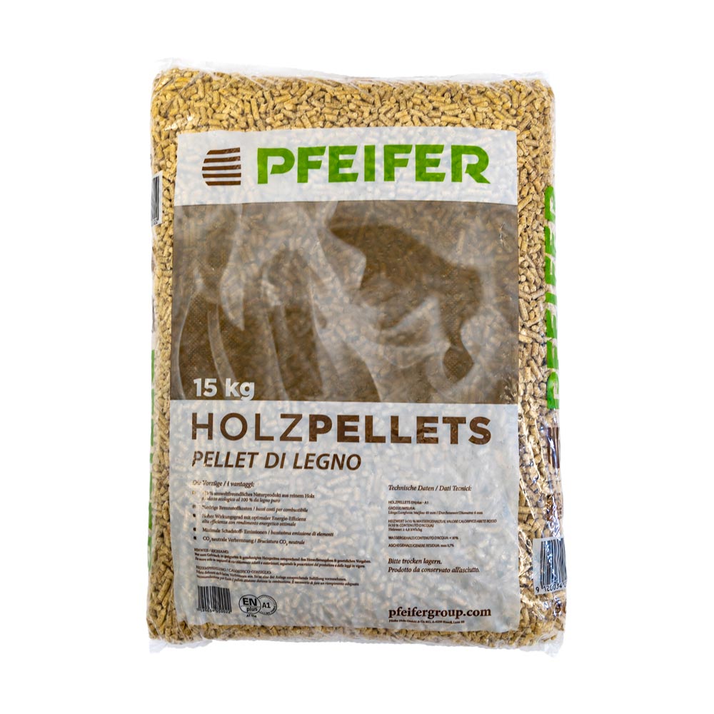 Pedana Pellet PFEIFER HOLZPELLETS bancali da 12 sacchi 15 Kg al pezzo  certificato ENplus Prodotto Naturale di Legno